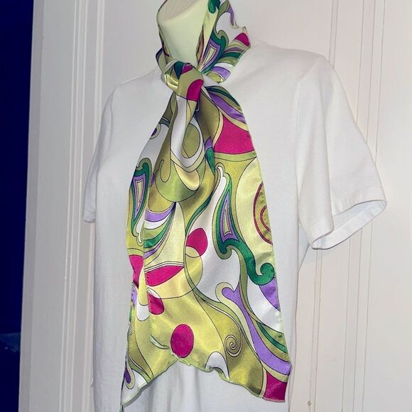 Vintage retro look green, purple, pink & white swirl print long polyester scarf - Picture 2 of 6
